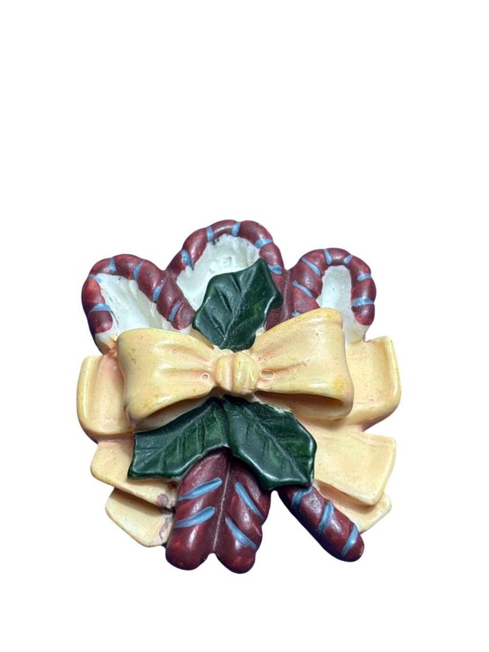 Vintage Resin Candy Cane Brooch Pin Bow Holly Leaves Multicolor 1.75 inches